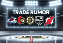 Colorado Avalanche, Ottawa Senators, Boston Bruins, LA Kings, New Jersey Devils logos below the words trade rumor on a scoreboard at an NHL arena