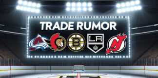 Colorado Avalanche, Ottawa Senators, Boston Bruins, LA Kings, New Jersey Devils logos below the words trade rumor on a scoreboard at an NHL arena