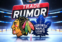 Chicago Blackhawks and Toronto Maple Leafs logo with the words trade rumor above the logo