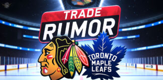 Chicago Blackhawks and Toronto Maple Leafs logo with the words trade rumor above the logo