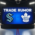 Leafs Trade Rumors: Mitch Marner for Larsson & Wright? Kraken Eye Offensive Boost Seattle Kraken and Toronto Maple Leafs logo with the word trade rumor above the logos