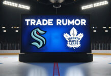 Seattle Kraken and Toronto Maple Leafs logo with the word trade rumor above the logos