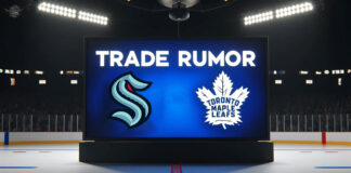 Seattle Kraken and Toronto Maple Leafs logo with the word trade rumor above the logos