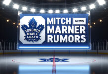Toronto Maple Leafs logo with the words to the right of the logo saying Mitch Marner rumors