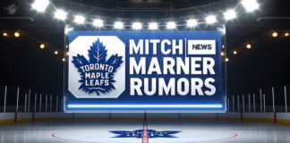 Toronto Maple Leafs logo with the words to the right of the logo saying Mitch Marner rumors