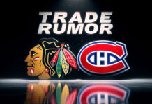 Chicago Blackhawks and Montreal Canadiens logos with the word trade rumor below the logos
