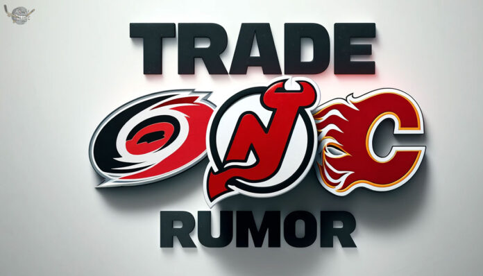Necas on the Move? Devils, Flames Heat Up Trade Talks for Hurricanes' Winger Hurricanes, Devils, Flames logos with the word trade rumor