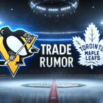 Penguins Eye Nick Robertson: Dubas Reunion in the Works? | NHL Trade Rumors Pittsburgh Penguins, Toronto Maple Leafs logos with the word trade rumor between the logos