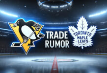 Pittsburgh Penguins, Toronto Maple Leafs logos with the word trade rumor between the logos