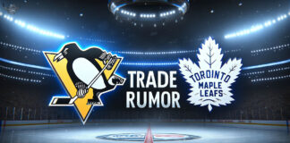 Pittsburgh Penguins, Toronto Maple Leafs logos with the word trade rumor between the logos