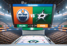 Edmonton Oilers and Dallas Stars logo on an NHL scoreboard with the word vs between the logos