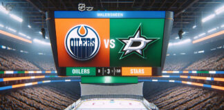 Edmonton Oilers and Dallas Stars logo on an NHL scoreboard with the word vs between the logos