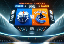 Edmonton Oilers and Vancouver Canucks logos on an NHL scoreboard