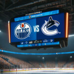 How to Watch Oilers vs. Canucks Game 7: Live Stream, TV & Radio | May 20, 2024 Edmonton Oilers and Vancouver Canucks logos on an NHL scoreboard for game 7 of the NHL playoffs