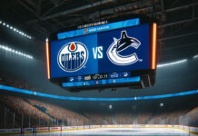 Edmonton Oilers and Vancouver Canucks logos on an NHL scoreboard for game 7 of the NHL playoffs