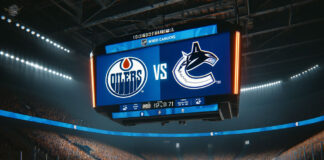 How to Watch Oilers vs. Canucks Game 7: Live Stream, TV & Radio | May 20, 2024 Edmonton Oilers and Vancouver Canucks logos on an NHL scoreboard for game 7 of the NHL playoffs