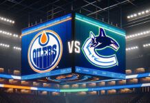 Edmonton Oilers and Vancouver Canucks logos facing off on NHL scoreboard