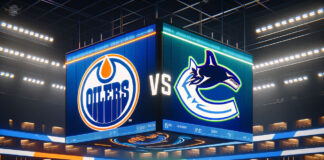 Edmonton Oilers and Vancouver Canucks logos facing off on NHL scoreboard