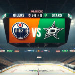 How to Watch Oilers vs. Stars Game 1 on TV & Online | May 23, 2024 Edmonton Oilers and Dallas Stars logo on an NHL scoreboard previewing game 1 of the Western Conference final.