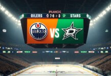 Edmonton Oilers and Dallas Stars logo on an NHL scoreboard previewing game 1 of the Western Conference final.