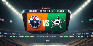 Edmonton Oilers and Dallas Stars logo on an NHL scoreboard previewing game 1 of the Western Conference final.