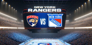 Florida Panthers and New York Rangers logo with the word vs. between the logos