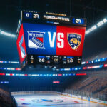 How to Watch Rangers vs. Panthers Game 3: May 26, 2024 NHL Playoffs New York Rangers and Florida Panthers logos on an NHL scoreboard with the word vs. between the logos.