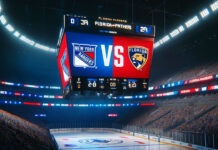 New York Rangers and Florida Panthers logos on an NHL scoreboard with the word vs. between the logos.