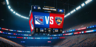New York Rangers and Florida Panthers logos on an NHL scoreboard with the word vs. between the logos.