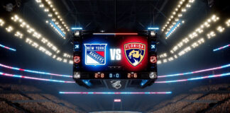 New York Rangers and Florida Panthers logo with the word vs between the logos