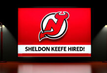 New Jersey Devils logo with the words Sheldon Keefe hired below the logo