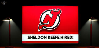 New Jersey Devils logo with the words Sheldon Keefe hired below the logo