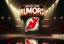 Sheldon Keefe rumors text above the New Jersey Devils logo