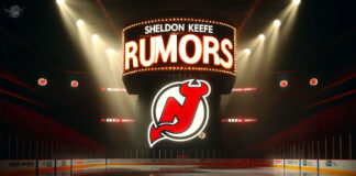 Sheldon Keefe rumors text above the New Jersey Devils logo