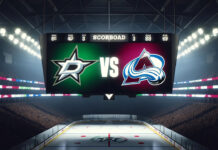 Dallas Stars and Colorado Avalanche logos on an NHL scoreboard with the word vs. between the logos