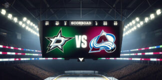 Dallas Stars and Colorado Avalanche logos on an NHL scoreboard with the word vs. between the logos