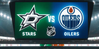 Dallas Stars and Edmonton Oilers logo on an NHL scoreboard with the word vs. between the logos