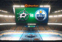 Dallas Stars and Edmonton Oilers logos on an NHL scoreboard with the word vs between the logos.