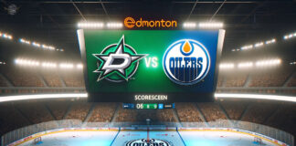Dallas Stars and Edmonton Oilers logos on an NHL scoreboard with the word vs between the logos.
