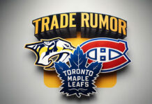 picture of the Toronto Maple Leafs, Nashville Predators, Montreal Canadiens logos with the word trade rumor