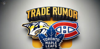 picture of the Toronto Maple Leafs, Nashville Predators, Montreal Canadiens logos with the word trade rumor