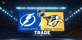 Tampa Bay Lightning and Nashville Predators logo with the words NHL trade below the logos