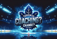 Picture of the Toronto Maple Leafs logo with the words Coaching Change? on top of the logo