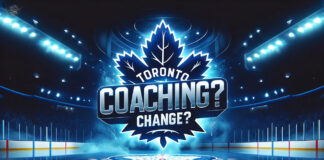 Picture of the Toronto Maple Leafs logo with the words Coaching Change? on top of the logo