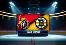 Ottawa Senators and Boston Bruins logos with the word trade rumor under the logos