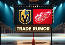 Vegas Golden Knights and Detroit Red Wings logos with the words trade rumor below the logos