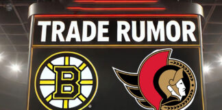 Boston Bruins and Ottawa Senators logo with the words trade rumor above the logos