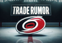 Corolina Hurricanes logo with the words trade rumor above the logo on an NHL rink