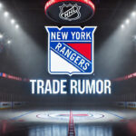 NY Rangers Shopping Kaapo Kakko in Potential Draft Day Shakeup New York Rangers logo with the words trade rumor below the logo with a background of an NHL arena