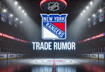 New York Rangers logo with the words trade rumor below the logo with a background of an NHL arena